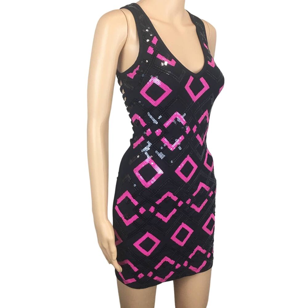 bebe Pink Black Sequence Dress with Ribbed Back Size Small